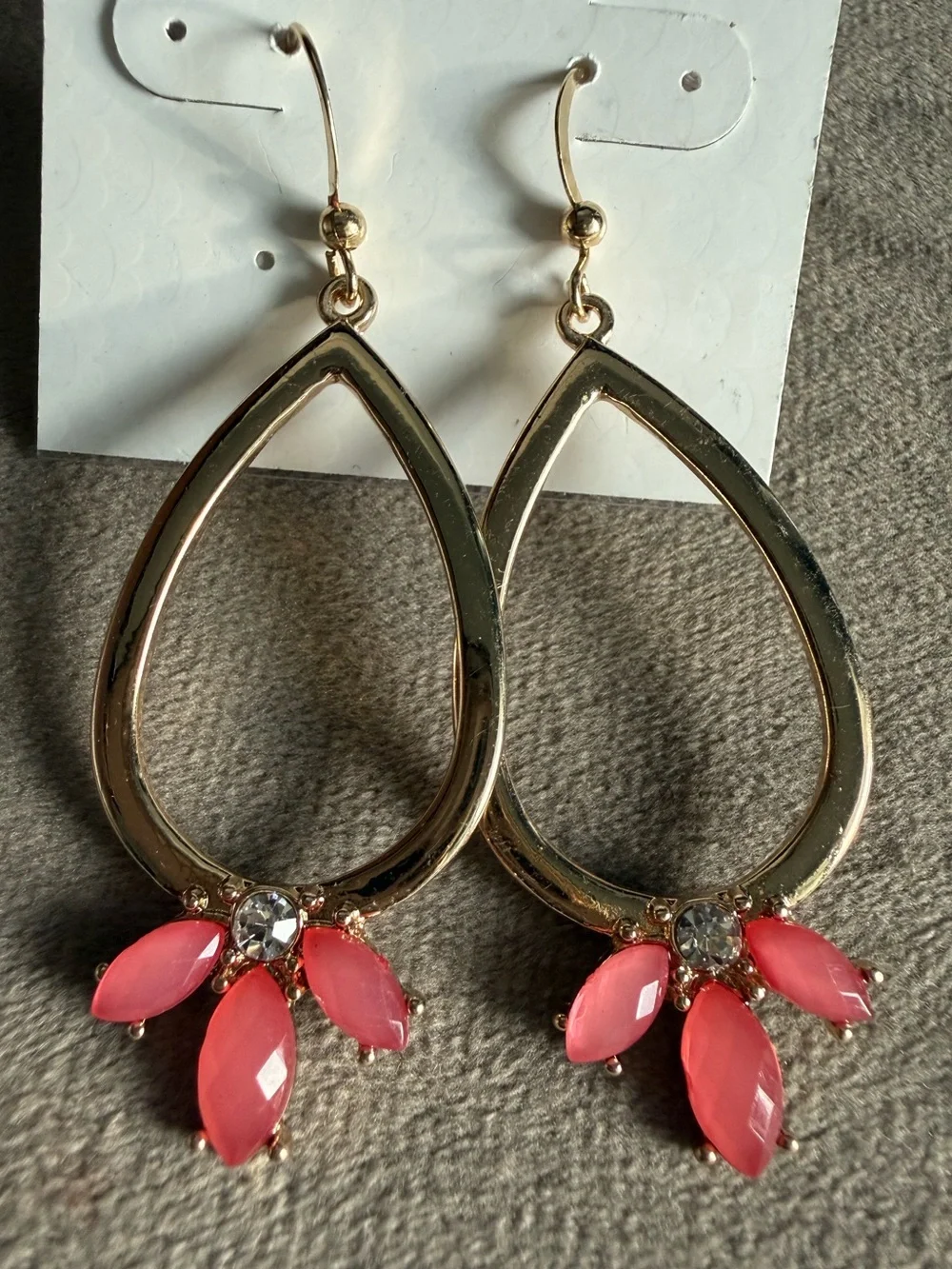 Dress Barn Gold Teardrop Earrings with Coral Pink Marquise Accents